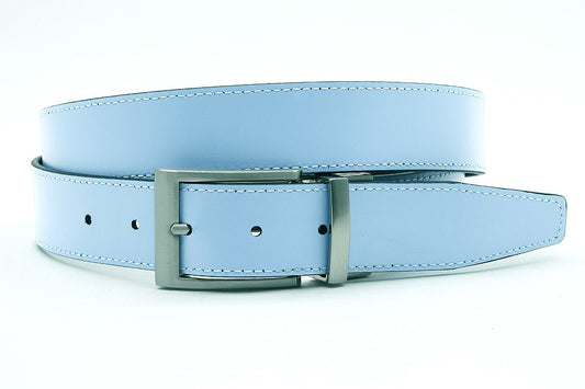 Draaibare (reversibel) riem licht blauw/zwart