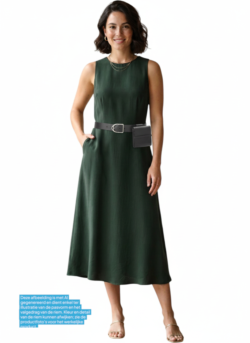 Model draagt een zwarte leren riem van Afdelingriemen.nl met een afneembaar tasje over een donkergroene midi-jurk.