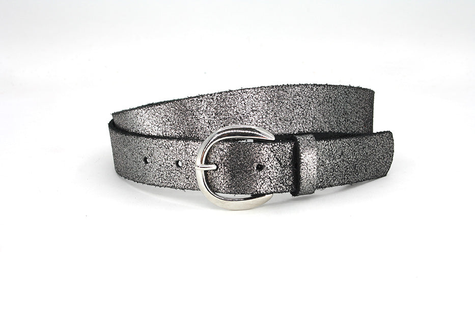 dames smalle riem zwart/zilver leer 3 cm