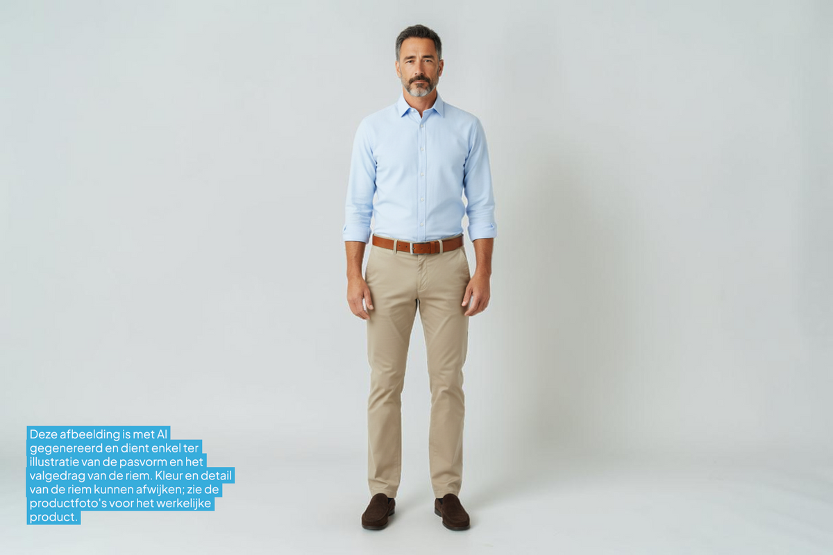 Man draagt een cognacbruine leren Afdelingriemen.nl riem met zilverkleurige gesp bij een beige broek en lichtblauw hemd