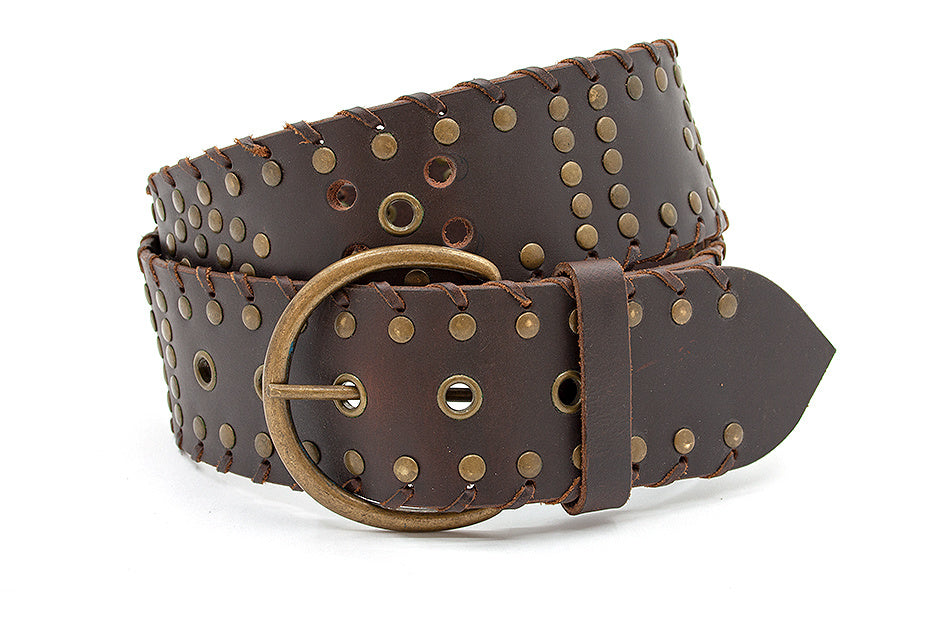 Dames riem bruin met bronzen nieten