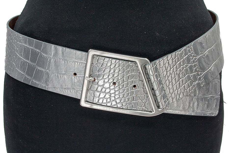 dames brede riem zilver leer 6 cm
