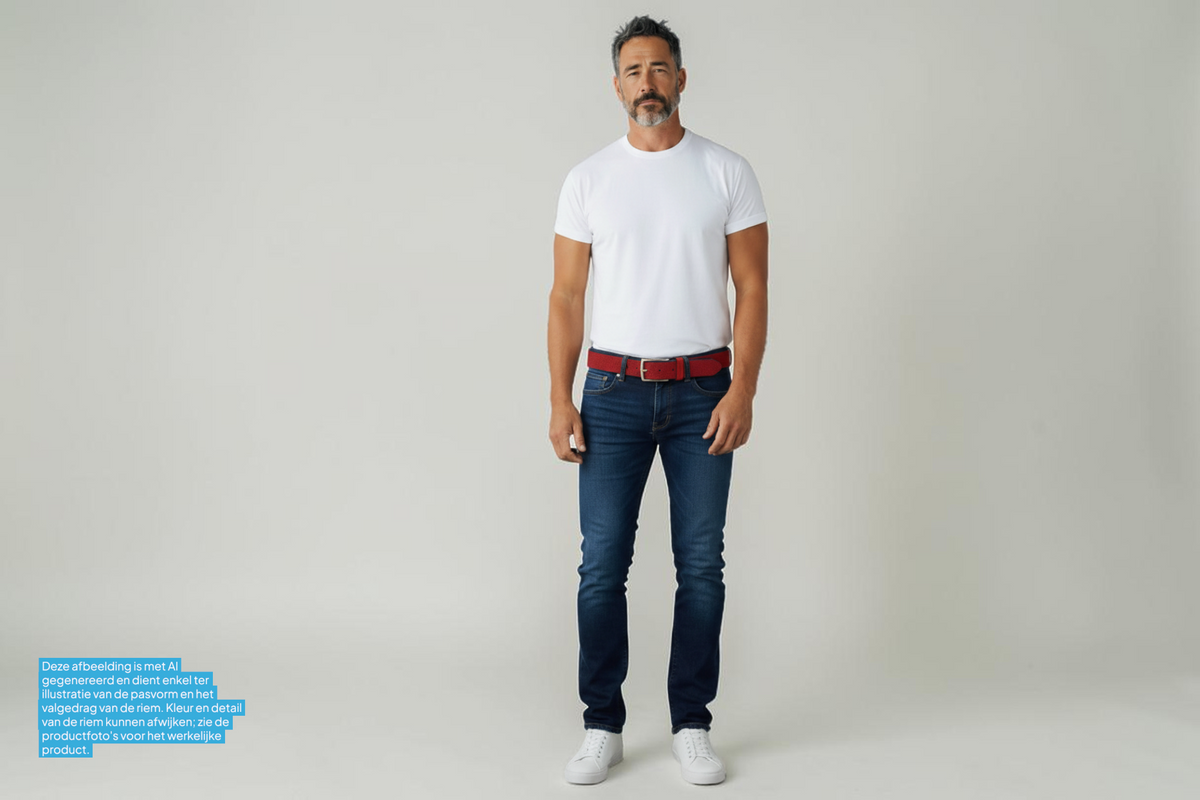Afdelingriemen.nl rode leren herenriem van 4 cm breed met abstracte print en zilverzwarte gesp gedragen op jeans
