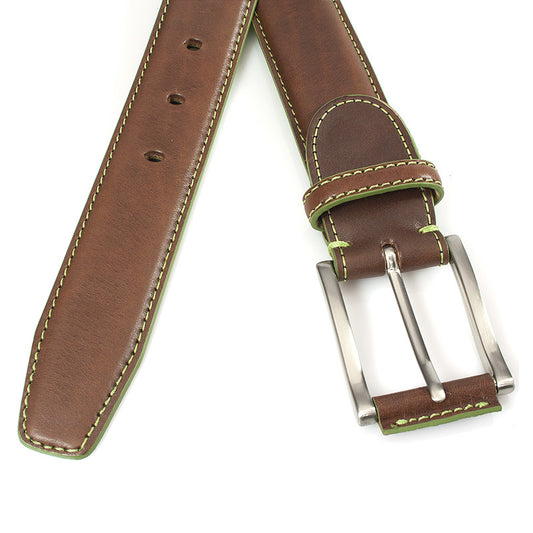 Bruine heren riem met limegroen stiksel