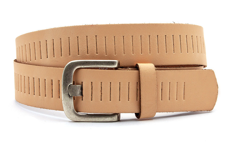 Zalmroze broekriem met gleufjes