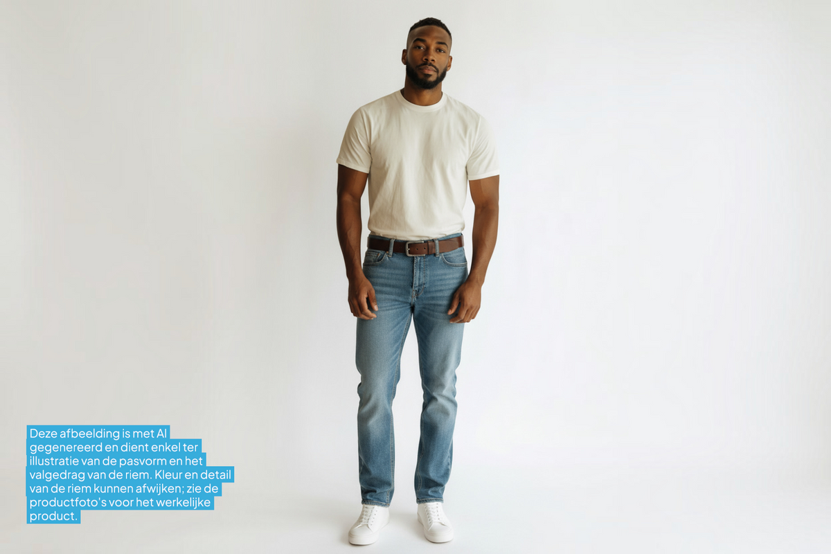 Man draagt een donkerbruine Afdelingriemen.nl leren herenriem met een zilverkleurige gesp bij een blauwe jeans.