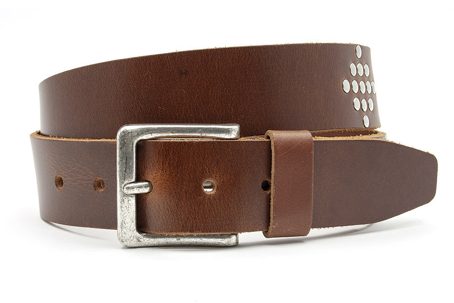 Stoere jeans riem cognac met studs