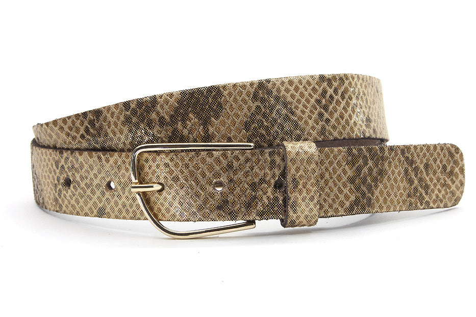 Leren bruin/bronzen dames riem met slangenprint