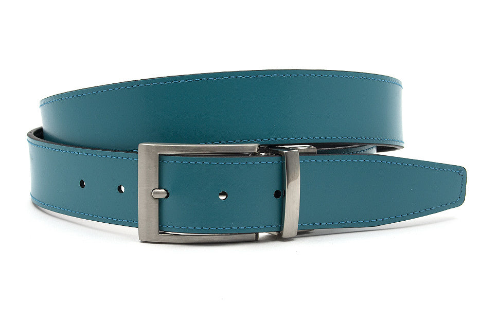 Draaibare reversible heren riem turquoise/zwart