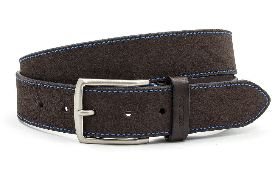 heren suède riem bruin / licht blauw suède 4 cm