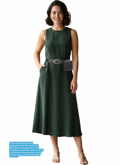 Model draagt een zwarte leren riem van Afdelingriemen.nl met een afneembaar tasje over een donkergroene midi-jurk.