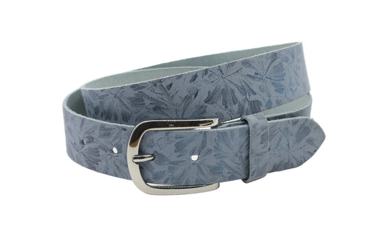 Dames riem lichtblauw - Basic leren riem 3,5cm met bloemenprint