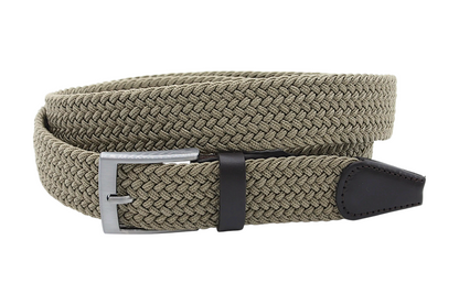 Afdelingriemen.nl beige elastische gevlochten herenriem met donkerbruine lederen details en zilverkleurige gesp