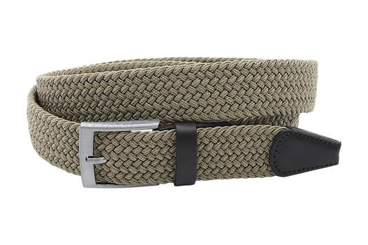 Afdelingriemen.nl beige elastische gevlochten herenriem met donkerbruine lederen details en zilverkleurige gesp