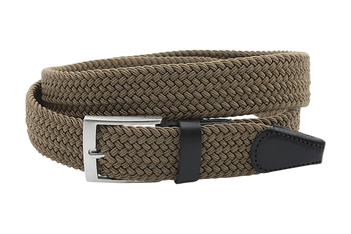 Afdelingriemen.nl beige elastische gevlochten herenriem met zilverkleurige gesp en lederen details