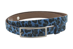 Afdelingriemen.nl damesriem van 2 cm breed met blauwe luipaardprint en een zilverkleurige rechthoekige gesp