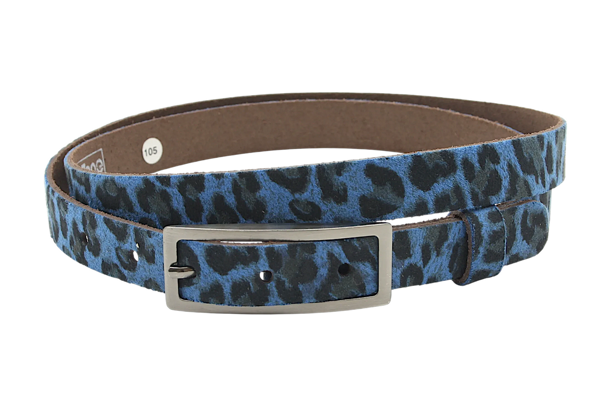 Afdelingriemen.nl damesriem van 2 cm breed met blauwe luipaardprint en een zilverkleurige rechthoekige gesp