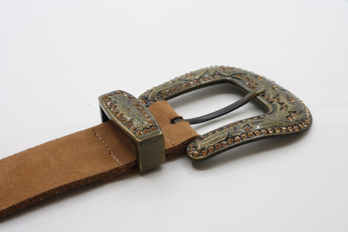 Afdelingriemen.nl bruine suède damesriem met een antiek bronzen gesp versierd met bloemmotieven en fonkelende steentjes