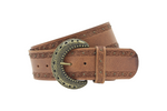 Afdelingriemen.nl cognacbruine leren damesriem met bloemmotief, metalen studs en een antieke bronzen halfronde gesp.