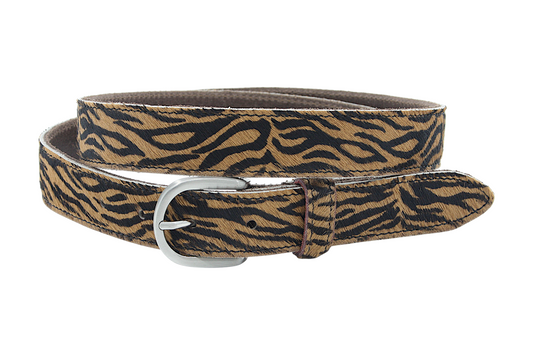 Afdelingriemen.nl luxe damesriem van leer met tijgerprint en zilverkleurige gesp voor een stijlvolle look.