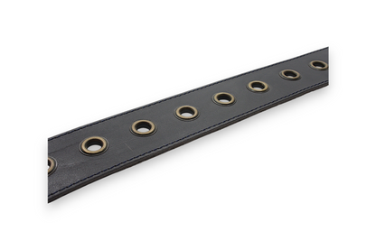 Afdelingriemen.nl donkerblauwe leren damesceintuur met metalen ringen en antiek goudkleurige details