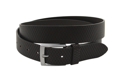 Afdelingriemen.nl luxe donkerbruine herenriem met gestructureerd ruitpatroon en een matte zilverkleurige gesp.