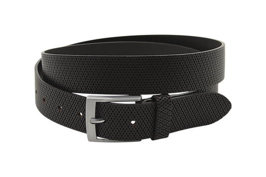 Afdelingriemen.nl luxe donkerbruine herenriem met gestructureerd ruitpatroon en een matte zilverkleurige gesp.