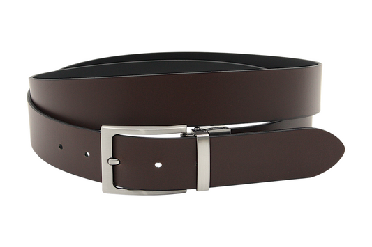 Afdelingriemen.nl luxe leren herenriem in donkerbruin met een zilverkleurige draaibare gesp voor een veelzijdige look.