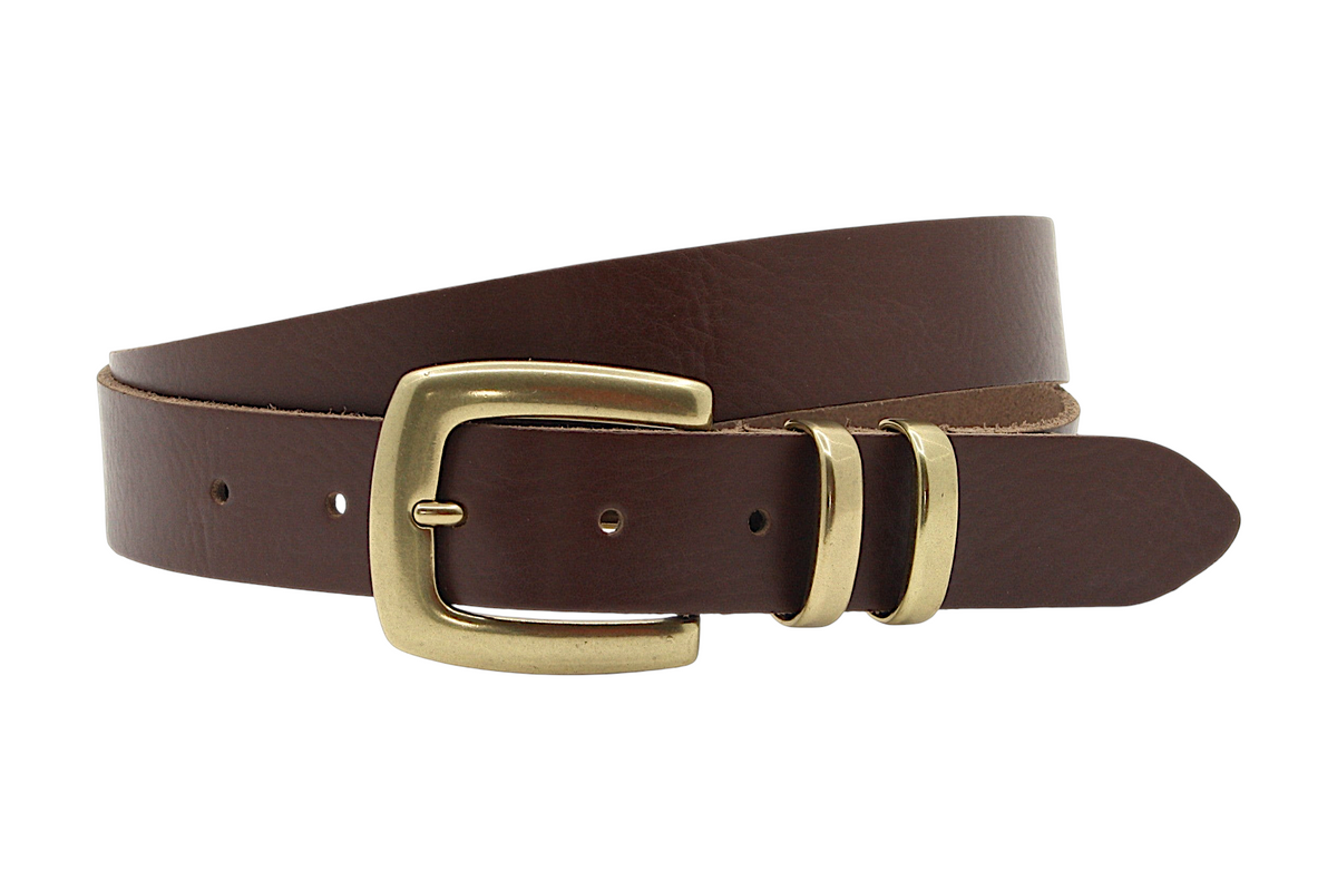 Afdelingriemen.nl donkerbruine leren riem met een klassieke goudkleurige gesp en dubbele lus voor een nette look.