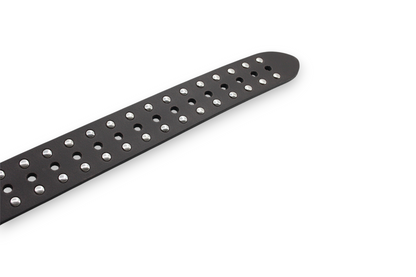 Afdelingriemen.nl donkerbruine leren damesriem met dubbele rijen zilverkleurige studs voor een rock-chic look