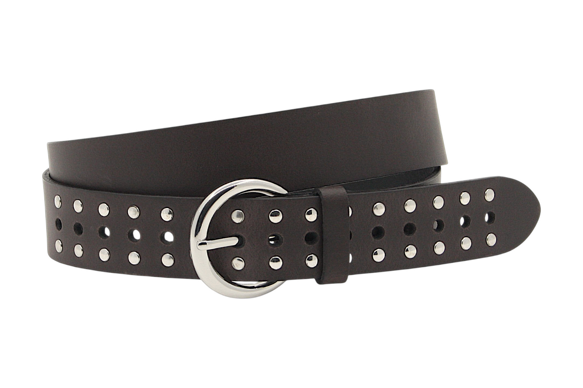 Afdelingriemen.nl donkerbruine leren damesriem met dubbele rij zilveren studs en een ronde metalen gesp.