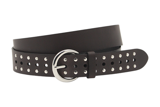 Afdelingriemen.nl donkerbruine leren damesriem met dubbele rij zilveren studs en een ronde metalen gesp.