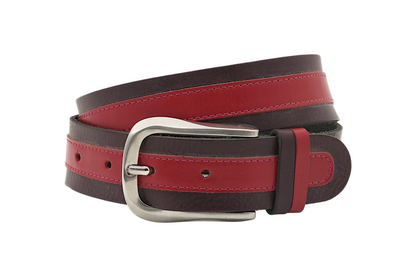 Afdelingriemen.nl luxe leren riem in donkerpaars en rood met een zilverkleurige metalen gesp