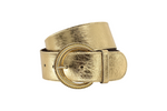 Afdelingriemen.nl luxe goudkleurige leren damesriem met een opvallende ronde gesp en metallic afwerking.