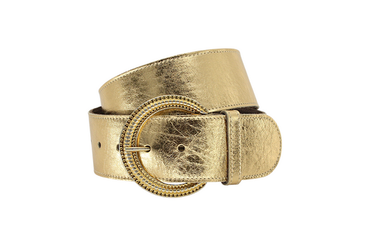 Afdelingriemen.nl luxe goudkleurige leren damesriem met een opvallende ronde gesp en metallic afwerking.