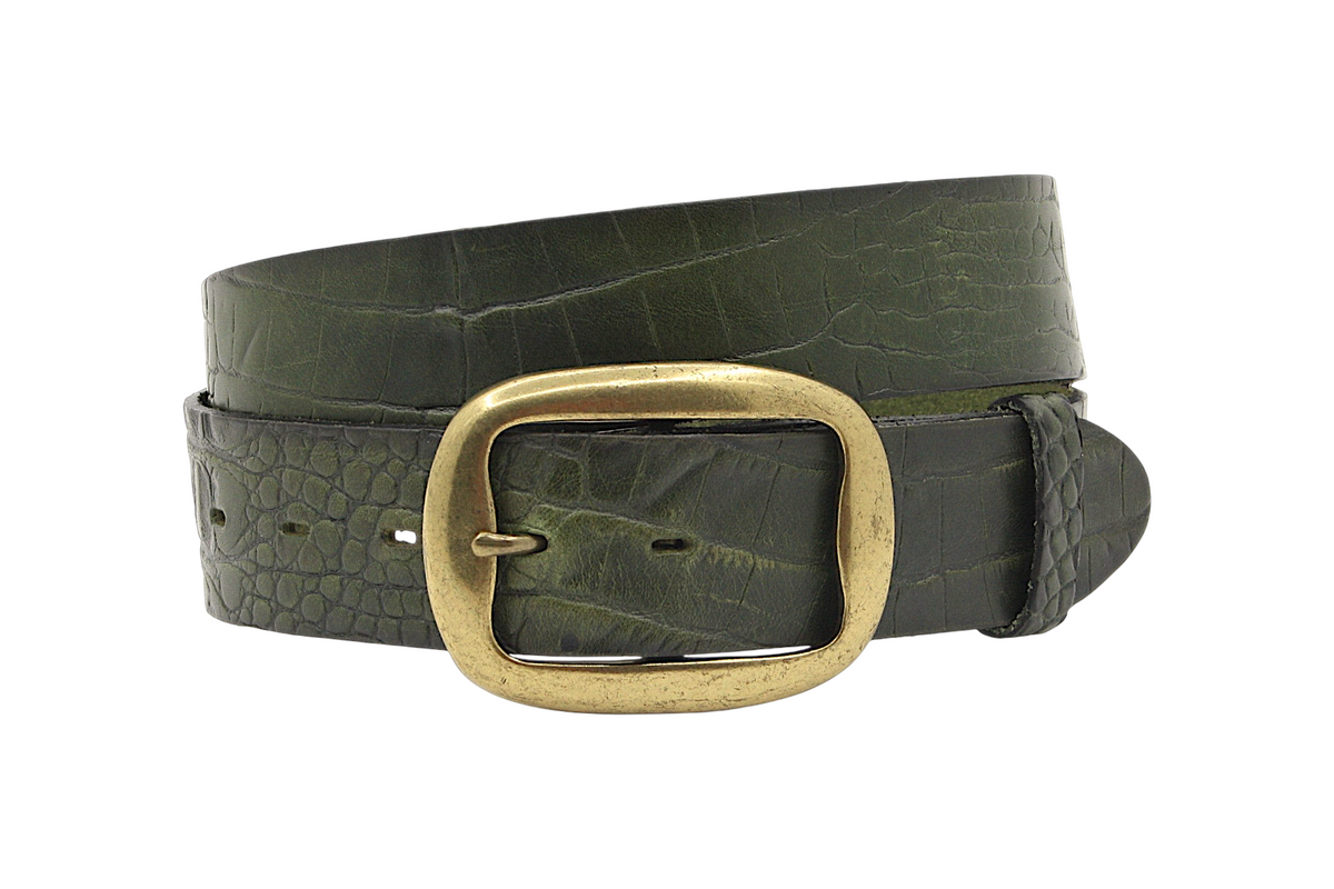 Afdelingriemen.nl olijfgroene leren damesriem met krokodillenmotief en vintage goudkleurige gesp