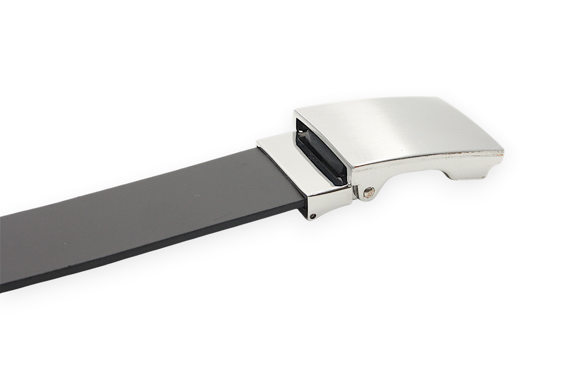 Afdelingriemen.nl zwarte herenriem met een zilverkleurige automatische gesp en een minimalistisch design.