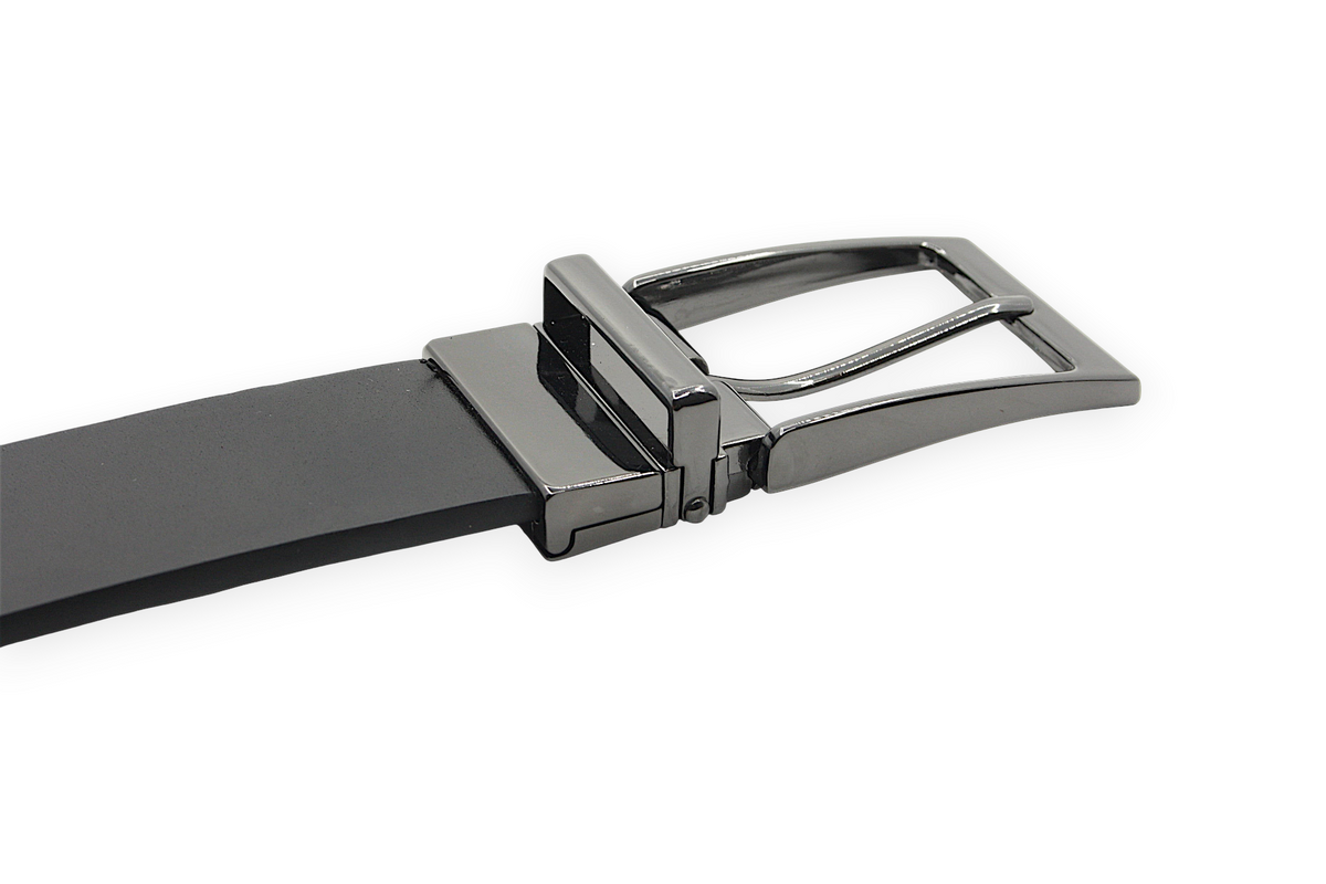 Afdelingriemen.nl luxe zwarte herenriem met een verfijnde donkergrijze metalen gesp voor een formele uitstraling.