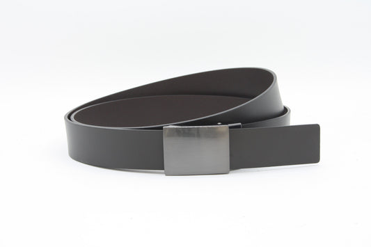 Afdelingriemen.nl zwarte leren herenriem met een minimalistische donkergrijze metalen gesp en strak design.