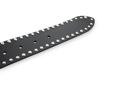 Afdelingriemen.nl zwarte leren riem met dubbele rij zilverkleurige studs voor een stoere uitstraling