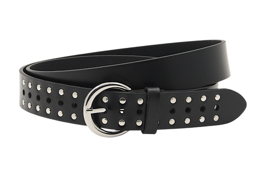 Afdelingriemen.nl zwarte leren damesriem met dubbele rij zilveren studs en een ronde zilverkleurige gesp.