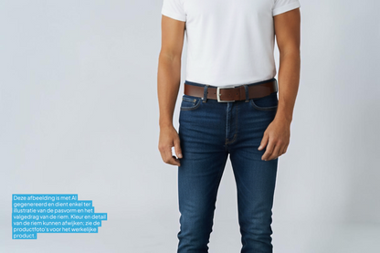 Man draagt een Afdelingriemen.nl bruine leren herenriem met zilveren gesp bij een jeans en wit T-shirt