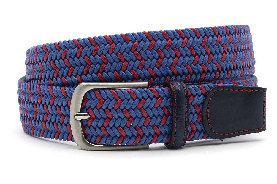 heren elastische riem blauw/rood leer 3.5 cm