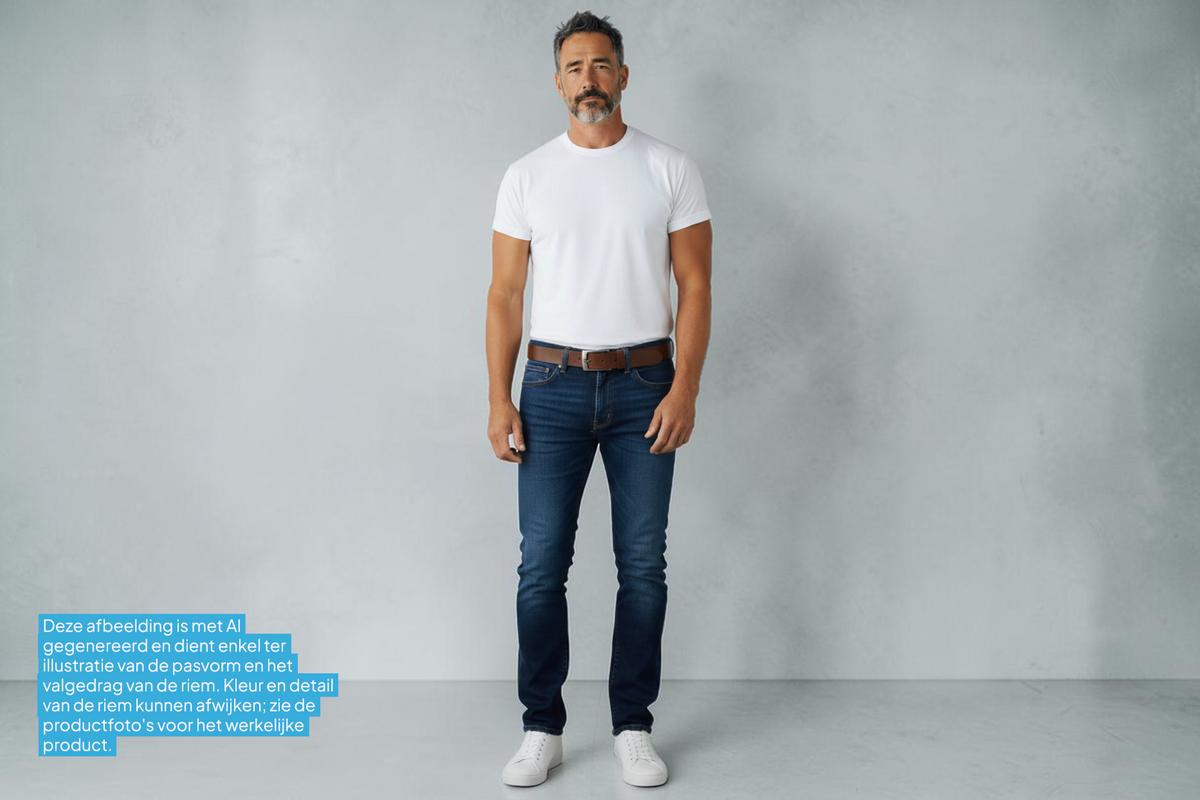 Man draagt een bruine leren Afdelingriemen.nl herenriem met zilveren gesp bij een jeans en wit t-shirt