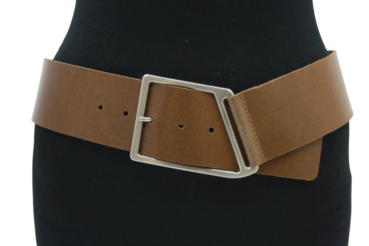 Dames riem tan - Brede leren riem 6cm met zilverkleurige gesp
