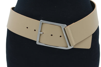 Dames riem zand - Brede leren riem 6cm met zilveren gesp
