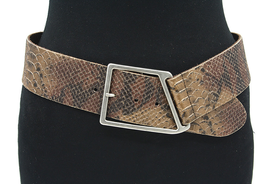 dames brede riem bruin/bronzig leer 6 cm