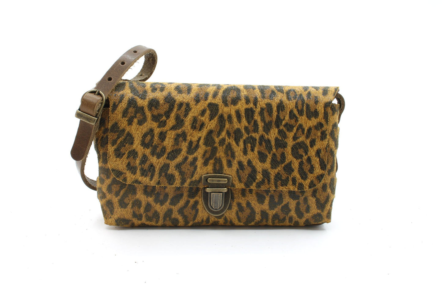 Leren crossbody tas met luipaard print - klein model