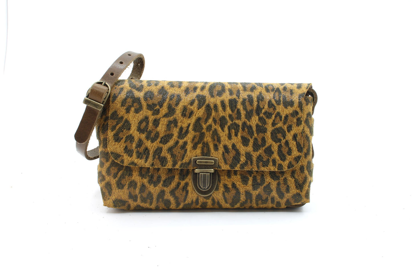 Leren crossbody tas met luipaard print - klein model