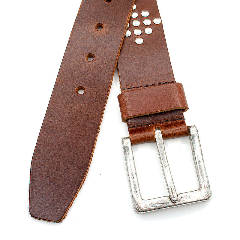 Stoere jeans riem cognac met studs